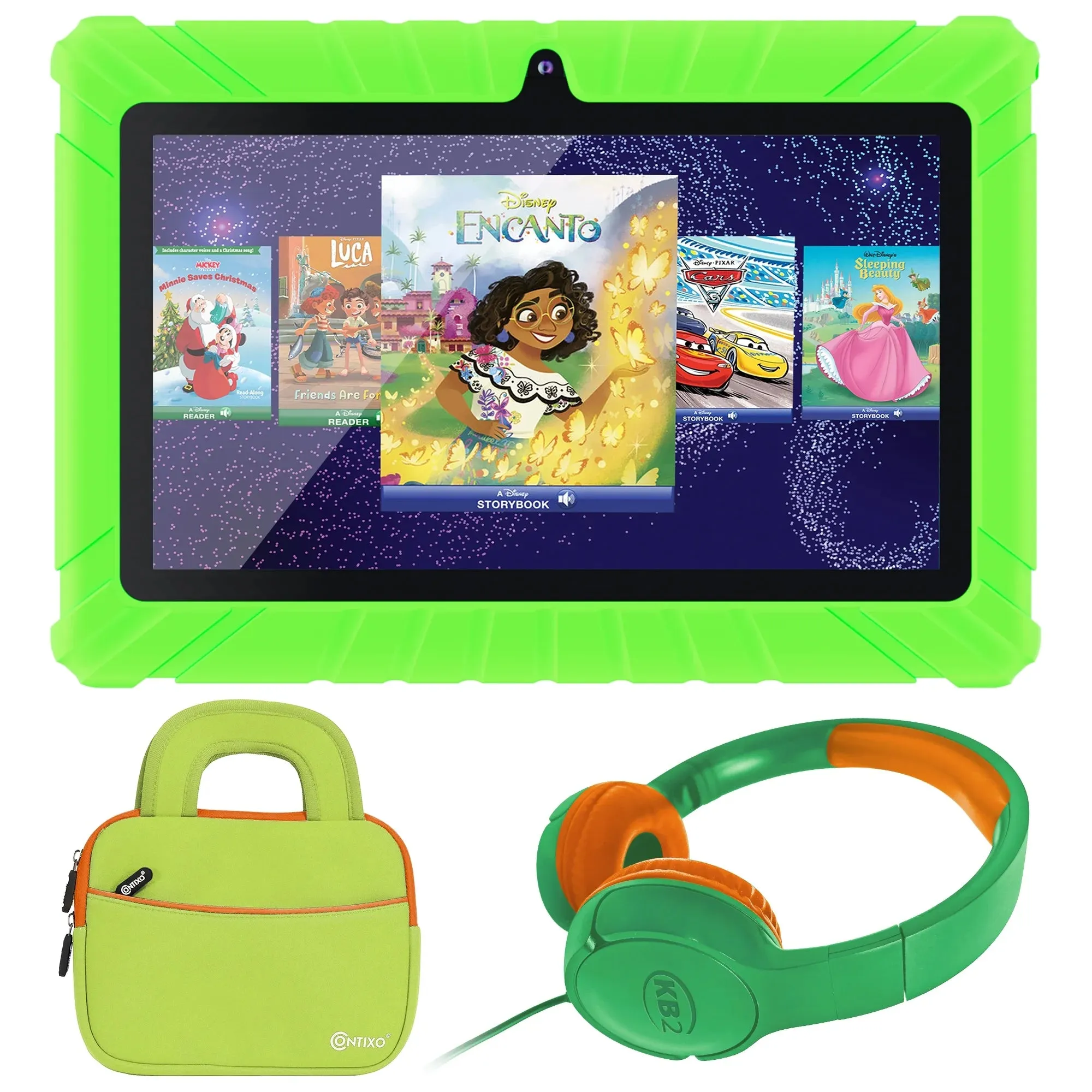 Contixo 7" Tablet Bundle, Kids Ages 3-7, Contixo Academy, STEM Learning, Headphones & Sleeve Case, Android Tablet, Parental Controls  Green